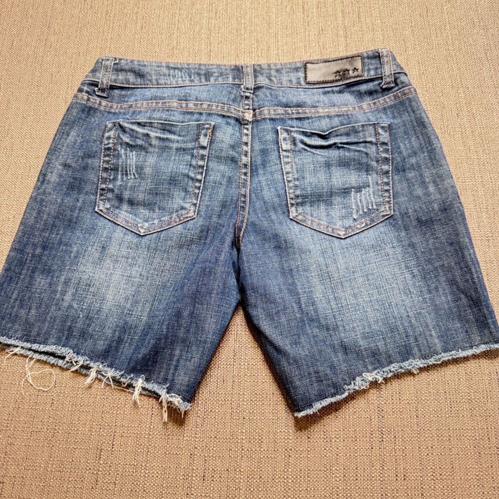 C Pink Blue Distressed Denim Cut Off Shorts Women Size 9 Frayed Hem Whiskered - Picture 7 of 11